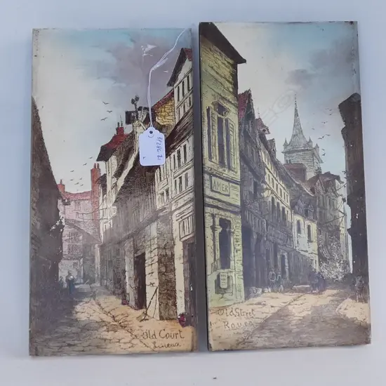TWO EARLY TILES, LITHOGRAPHED WITH OLD FRENCH TOWNSCAPES. 305 x 155mm