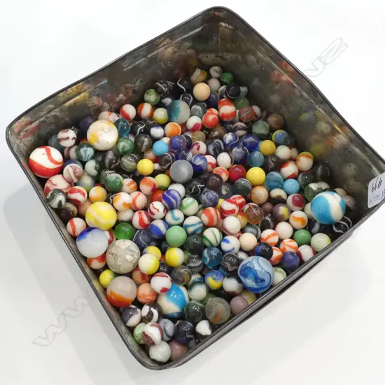 LARGE TIN OF MARBLES 