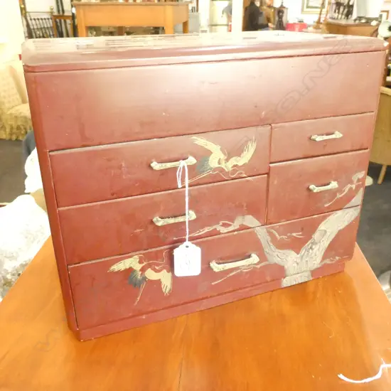 RED LACQUER JAPANESE SEWING BOX H. 260MM W. 325MM