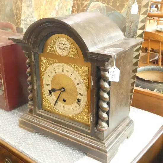 OAK CASE 'TEMPUS FUGIT' BRACKET CLOCK, APPARENTLY GOING BUT NEEDS SOME O'HAUL (DOOR MISSING)