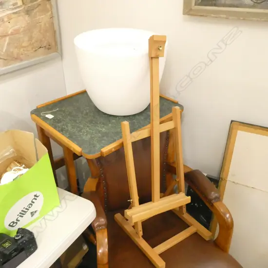 SIDE TABLE ON WHEELS, WHITE PLASTIC PLANTER, SMALL WOODEN EASEL