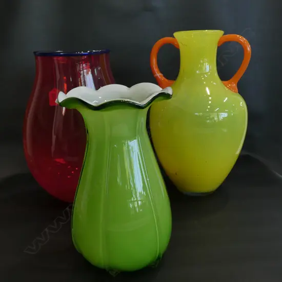 3 GLASS VASES ONE SIGNED N.S 2000 H 320 MM