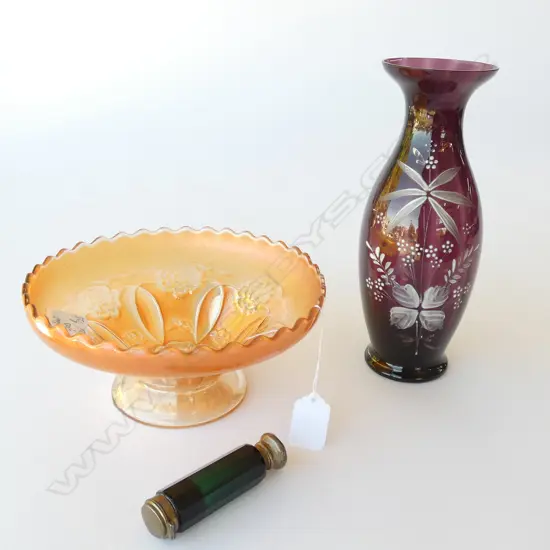 MARY GREGORY GLASS VASE + CARNIVAL GLASS BOWL + PERFUME BOTTLE