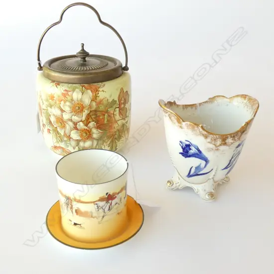 3 R.DOULTON PIECES, ENAMEL BISCUIT BARREL H.210MM, SPOON WARMER & HUNTING POT