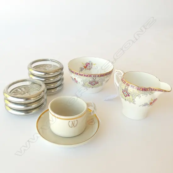 SHELLEY SUGAR & CREAM + DOULTON COFFEE CAN & SAUCER + 7 EP & CRYSTAL COASTERS