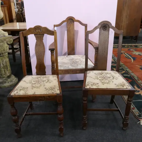 6 + 1 CARVER 1920-40S HARLEQUIN OAK DINING CHAIRS
