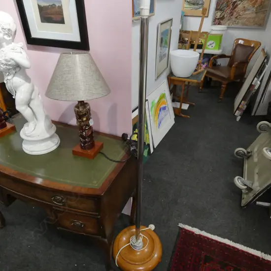 CHROME AND WOOD STANDARD LAMP NO SHADE