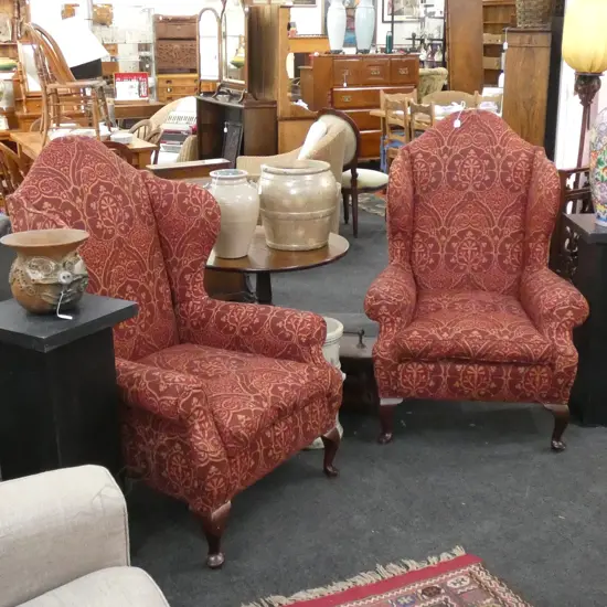 PR WINGBACK CHAIRS RED WILLIAM MORRIS UPHOLSTERY H. 1220MM