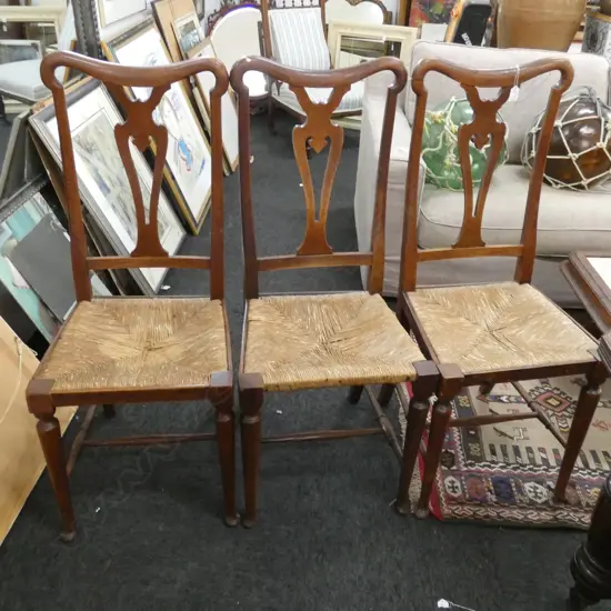 SET OF 6 EWARDIAN NOUVEAU OAK CHAIRS WITH RUSH SEATS 