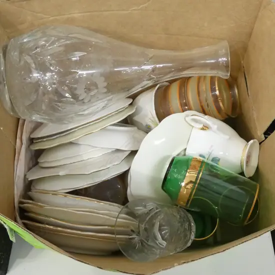 BOX LOT ASST. CHINA, DECANTER, ETC AF