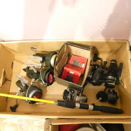 BOX LOT FISHING REELS, ROD ETC