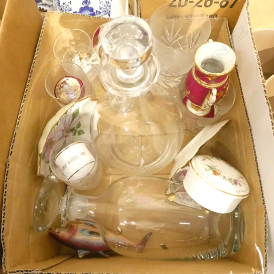 BOX LOT ASST CRYSTAL, DECANTERS, CHINA ETC