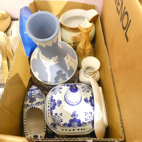 BOX LOT ASST. CHINA INCL. WEDGWOOD, DELFT ETC