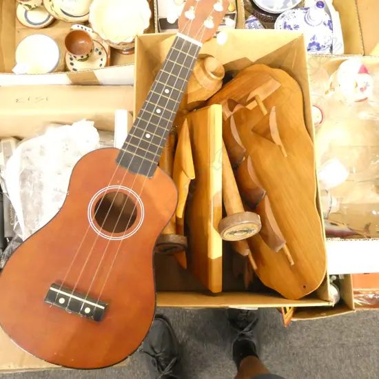 BOX LOT WOODEN ITEMS + UKELELE