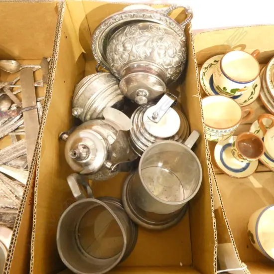 BOX LOT PEWTER MUGS, SOAP DISPENSERS, EP