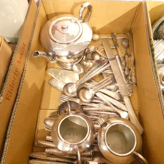 BOX LOT EP TEA SET AND RODD CUTLERY