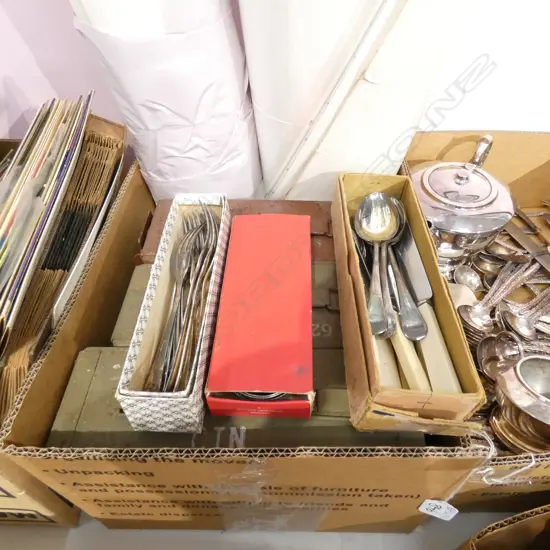 BOX LOT BOX BROWNIE, LAMINATED NZ MAPS, MILITARY CONTAINERS, BOXED CUTLERY