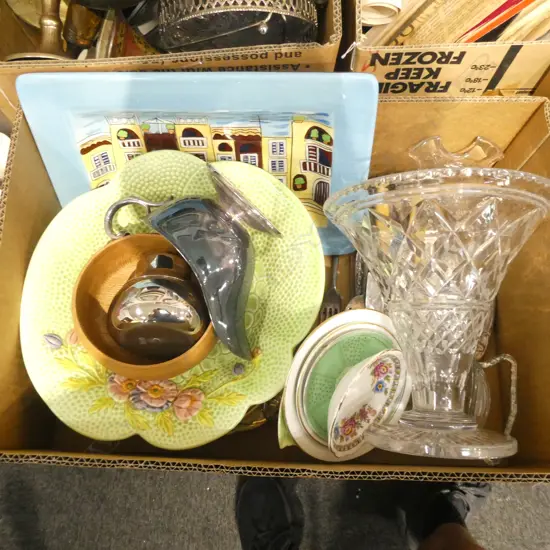 BOX LOT ASST. CHINA, CUTLERY, CRYSTAL VASE ETC