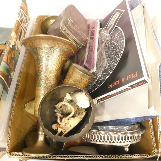 BOX LOT BRASS, CANDLESTICKS, BOX BROWNIE, CHEESE PLATES, IVORY BOAT ETC