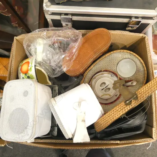 BOX LOT SPEAKERS, 2 PRS BINOCULARS, SCALES, WEIGHTS, TEAPOT ETC