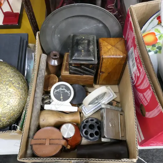 BOX LOT CAMPING CUPS, BOXES, THERMOMETERS ETC