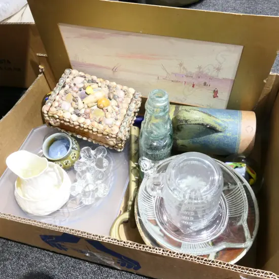 BOX LOT ASST. GLASS, IRISH CHINA, BOTTLES ETC