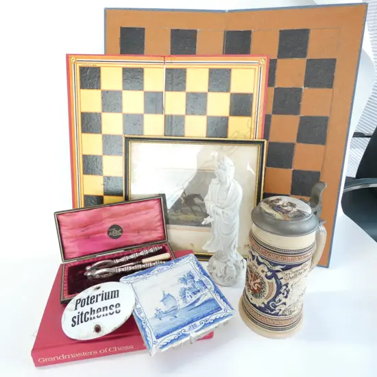 BOX LOT CHESS BOARD & BOOK, STEIN, ORIENTAL FIGURE, DELFT TILE ETC