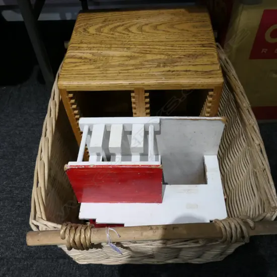 LARGE BASKET, REVOLVING CD CASE, CHILDS TOY PETROL STATION