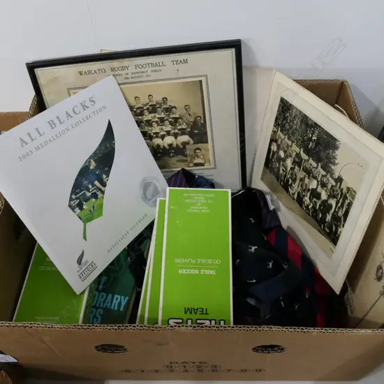BOX LOT ASST; RUGBY INTEREST; TIES, BOOKS ETC