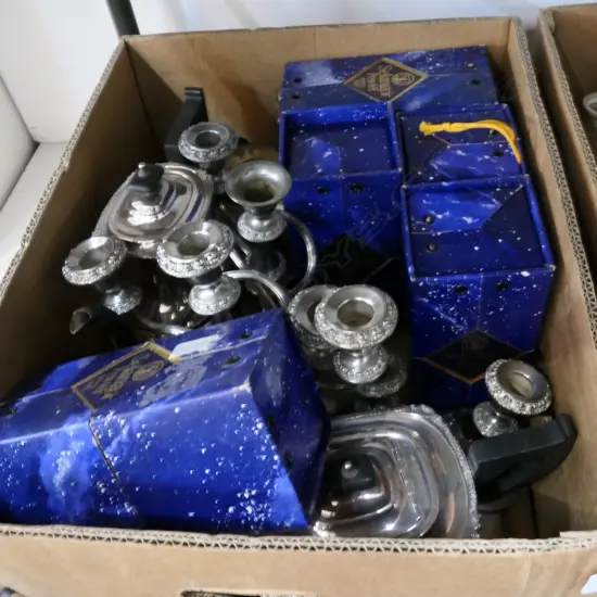 BOX LOT EP TEA COFFEE SERVICE, PEWTER, 2 PRS CANDLESTICKS ETC