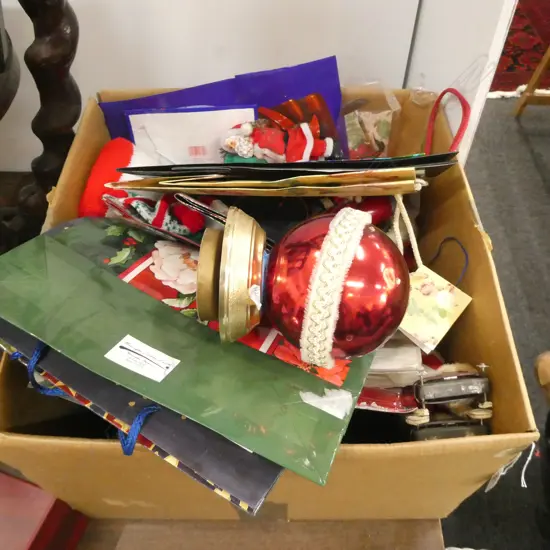 BOX LOT ASST. CHRISTMAS ITEMS + STAMP ALBUM