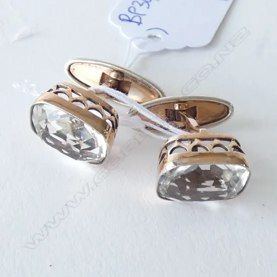 STERLING + QUARTZ CUFF LINKS. PROBABLY RUSSIAN