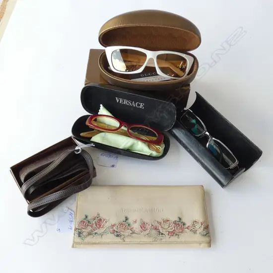 3 PRS BRANDED GLASSES + GUCCI LEATHER POUCH + J.P GAULTIER CLUTCH