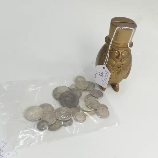 38 WORLD SILVER COINS & BRASS EGGMAN MONEY BOX