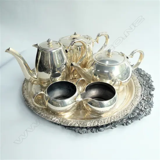 2 EPNS TRAYS, 3 TEAPOTS, MILK & SUGAR