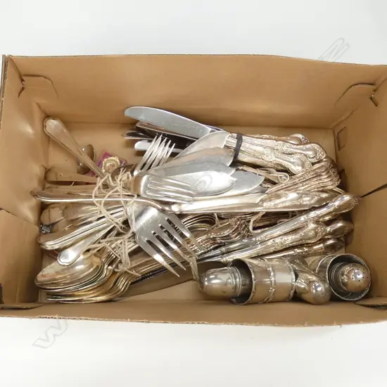 BOX LOT 6 PLC GROSVENOR EPNS CUTLERY + SET FISH KNIVES, SALTS