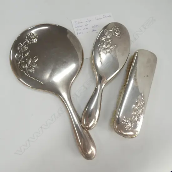 3 PCES DUCTH GERO ZILMETA DRESSER SET; MIRROR, 2 BRUSHES