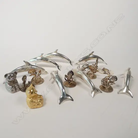 7 SILVER PLATED DOLPHINS + 2 TEDDIES (UNTESTED) + 8 SIL PLATE PLACE NAME HOLDERS
