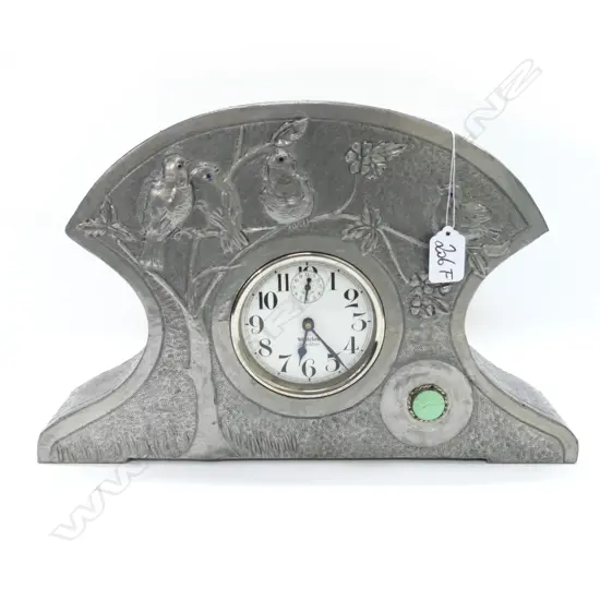 ARTS & CRAFTS PEWTER CLOCK EMBOSSED BIRDS