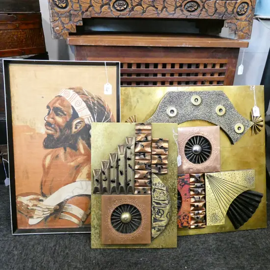 2 ASST. METAL ARTWORKS LARGEST 500MM SQ + LINEN ABORIGINAL MAN 
