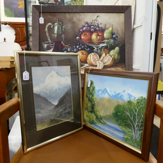 3 ARTWORKS; STILL LIFE, 2 OIL NZ MOUNTAIN SCENES