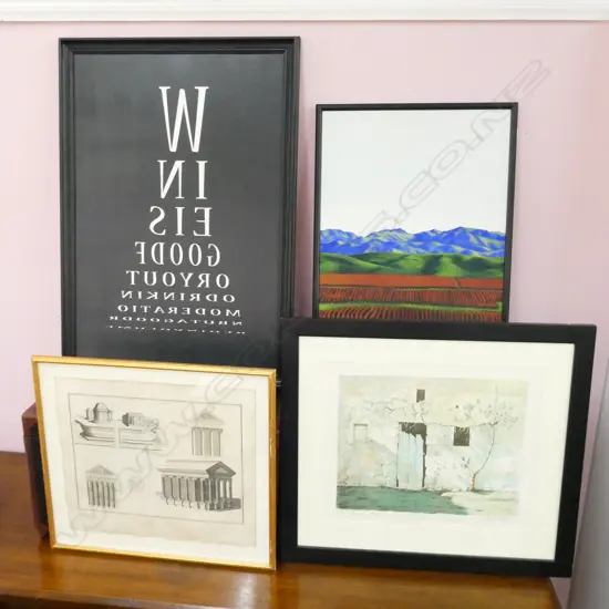 ARCHITECTURAL FRAMED PRINT, OIL PAINTING + 2 OTHERS 