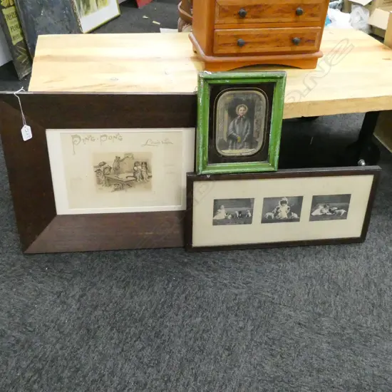 LOUIS WAIN 'PING-PONG' CALENDAR IN ORIG. OAK FRAME + 2 OTHER PCES