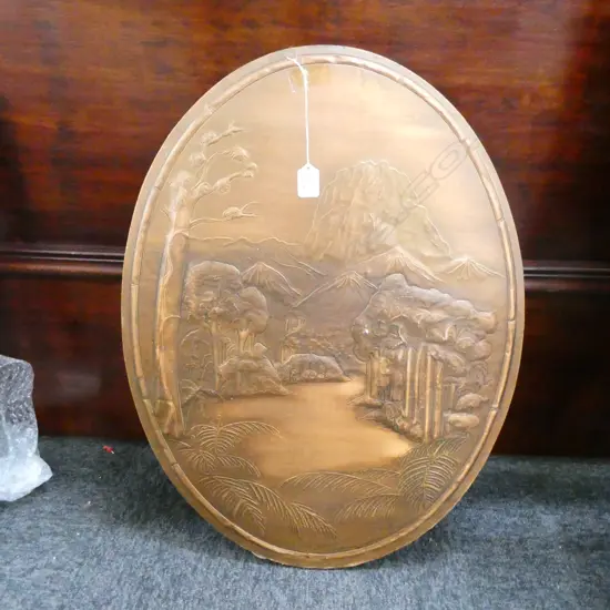 OVAL COPPER PANEL N.Z BUSH SCENE SIGNED H.T H 640 MM