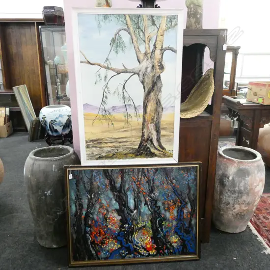 2 ARTWORKS; GUM  IN DESERT & 'WOODLANDS' ABSTRACT 940 X 715MM