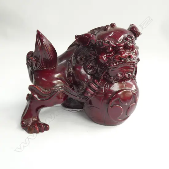 RED LACQUERED STONE CARVED CHINESE FOO DOG L 150 MM