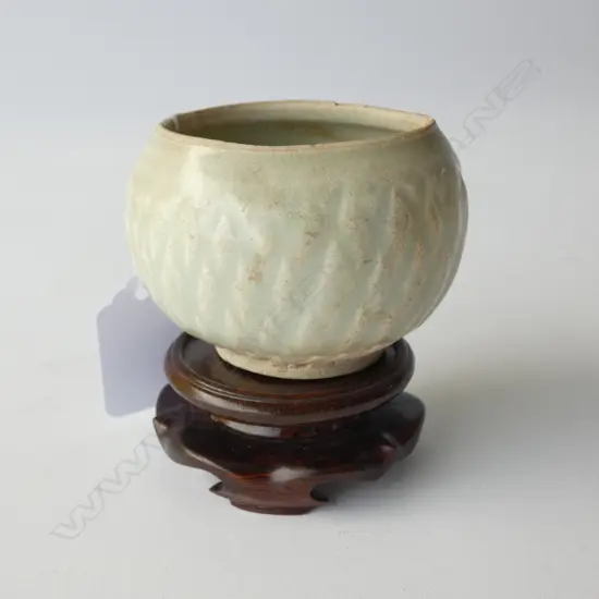 OLD CHINESE CRACKLE CELADON SMALL BOWL ON STAND