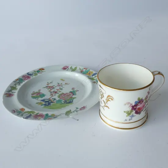 SPODE STONEWARE PLATE & FLORAL DECORATED GILT MONOGRAMMED CHINA MUG (1913)