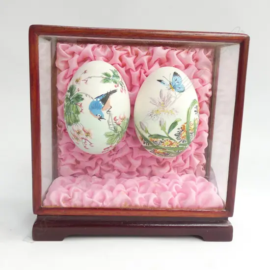 CASED VINTAGE PAIR OF PAINTED EGGS, H.110mm