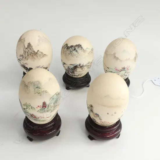 FIVE HANDPAINTED VINTAGE EGGS ON STANDS, TALLEST H.90mm